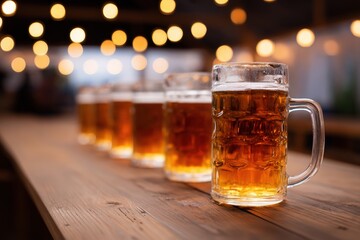 Glass mugs filled with golden beer are lined up on a wooden table, illuminated by warm bokeh lights, creating a festive atmosphere for a celebration