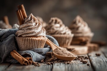 Obraz premium Cupcakes with chocolate frosting and cinnamon sticks on a rustic wooden table