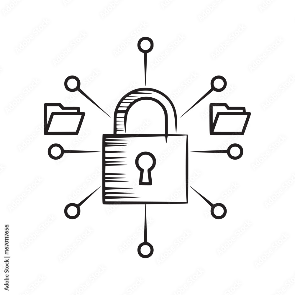 Poster a sketch of a padlock with folders and circles connected by lines in a network security concept desi