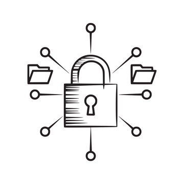 A sketch of a padlock with folders and circles connected by lines in a network security concept design