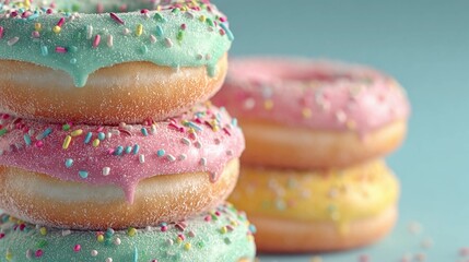 Colorful stacked donuts with sprinkles on a bright blue background