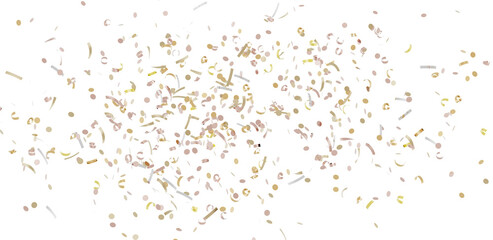 Beautiful image of gold and beige confetti falling on a white background. Perfect for celebrations, parties, and festive designs.