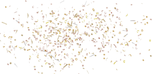 Beautiful image of gold and beige confetti falling on a white background. Perfect for celebrations, parties, and festive designs.