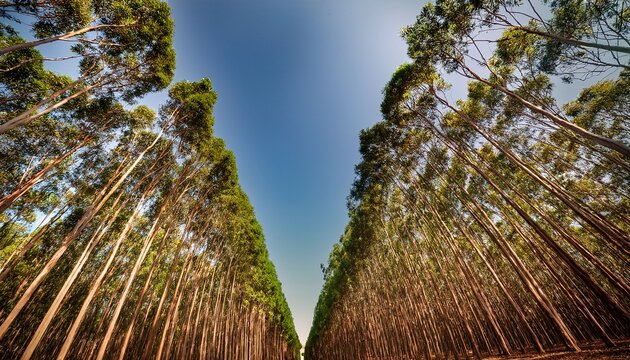 captivating perspective through a symmetrical eucalyptus tree plantation landscape - Powered by Adobe