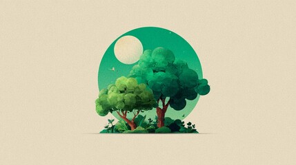 Trees in a stylized design under a bright sun and clear sky in a minimalist setting