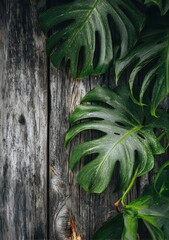Lush Monstera Foliage: Vibrant Green Leaves Against a Wooden Background for Sustainable Tropical Home Décor and Botanical Design