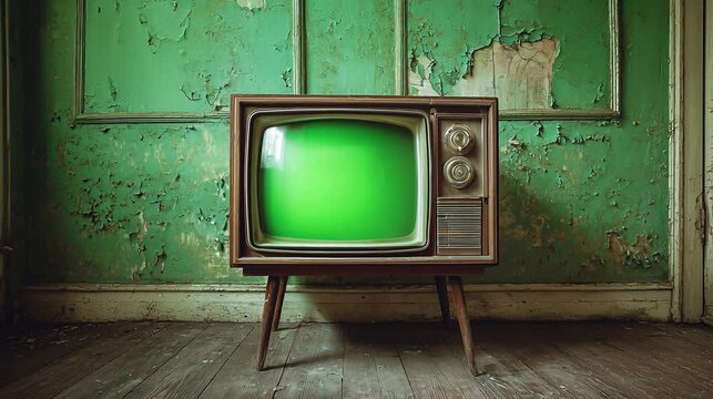 Vintage Living Room Zoom-In with Retro TV Green Screen