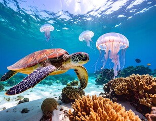 Fototapeta premium Underwater scene with sea turtle and jellyfish