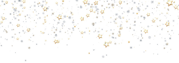 Beautiful image of gold and silver stars and snowflakes falling on white background. Perfect for holidays.