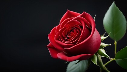 red rose bud with green leaves on black background