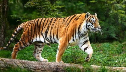 Obraz premium magnificent tiger in action the tiger prowls a symbol of majesty and power its stripes a masterpiece of nature s design against a vibrant green backdrop