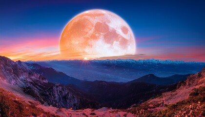 stunning twilight planetscape featuring large glowing moon illuminating dramatic mountain range vibrant colors of sky blend beautifully with landscape creating serene yet captivating atmosphere