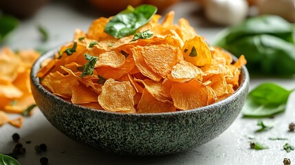 A delicious photo of sweet potato chips in a rustic bowl garnished with basil leaves