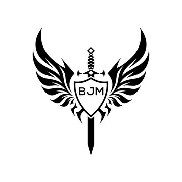 BJM "Warrior Shield and Sword Emblem with Wings Logo," BJM Later Logo, "Black Tribal Winged Sword Crest Vector,"
