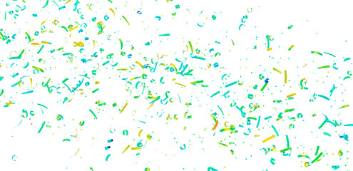 Bright teal, yellow confetti falling on white. Ideal for party, celebration, festive designs.