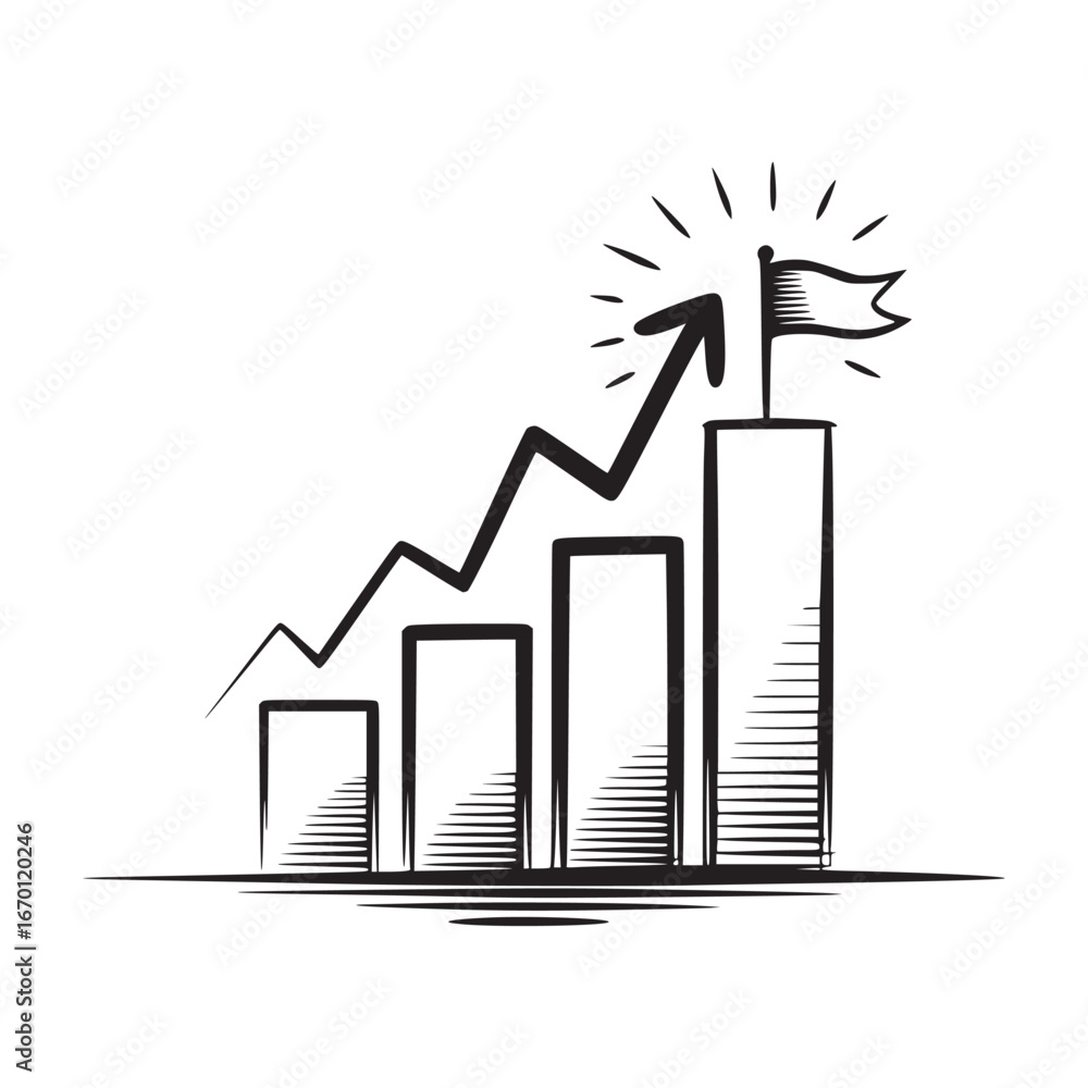 Poster a black and white sketch of a bar graph with an arrow pointing up and a flag on the tallest bar