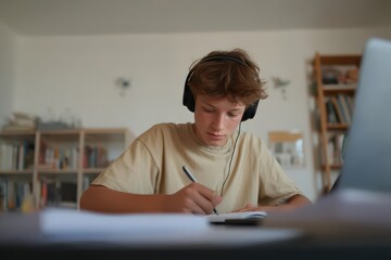 Fototapeta premium Teenager engaged in studying and note-taking while wearing headphones in a cozy home office environment during the afternoon