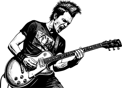 monochrome vector rockstar musician guitar in mezzotint photocopy effect, for grunge punk y2k collage design. guitarist vocalist retro elements. brutalist vintage illustration music poster.