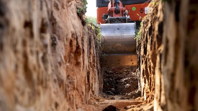 Mini excavator lifting soil from trench at construction site