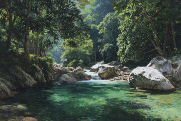 Fototapeta premium spring at the head of the river, water comes out of a crack in the rock, surrounded by dense green trees