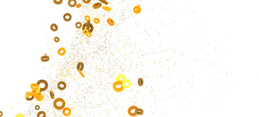 Abstract background with golden rings and confetti. Perfect for celebrations, joy, and festive themes.