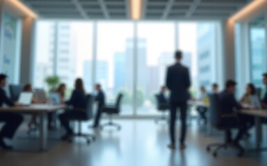 Abstract blurred interior modern office space with business people working banner background with copy space. High quality