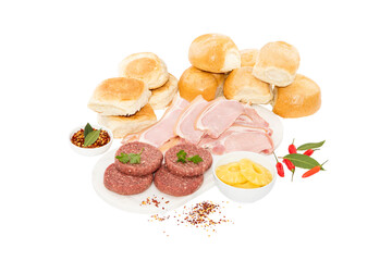 Bbq ingredients still life with burger patties ham pineapple and bread rolls