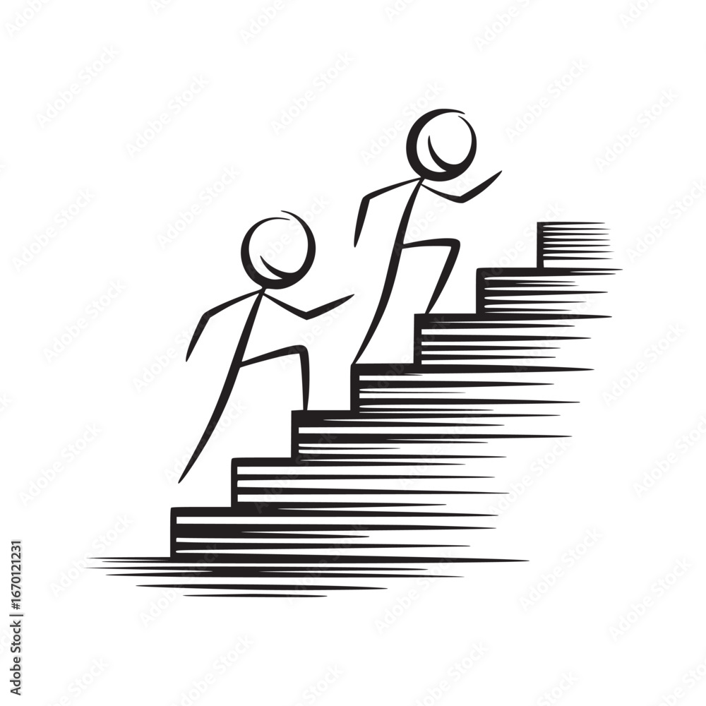 Poster two stick figures ascending a staircase with a sense of forward motion in a simple line drawing