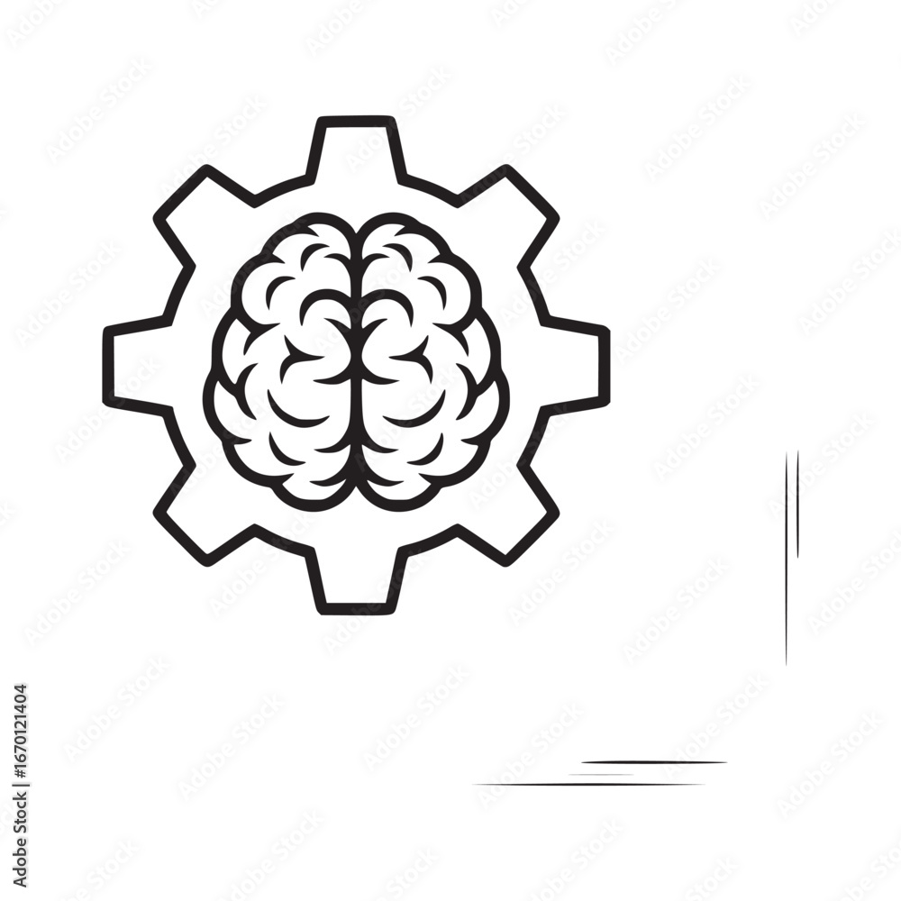 Poster outline drawing of a brain inside a gear on a white background showing concept of thinking process