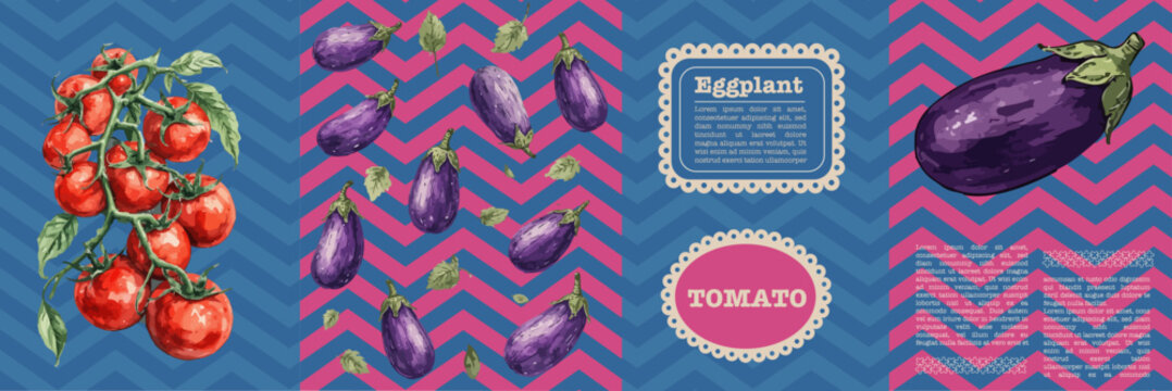Tomatoes and eggplants with watercolor style. Bold blue and pink zigzag patterns, decorative frames, and lush greenery