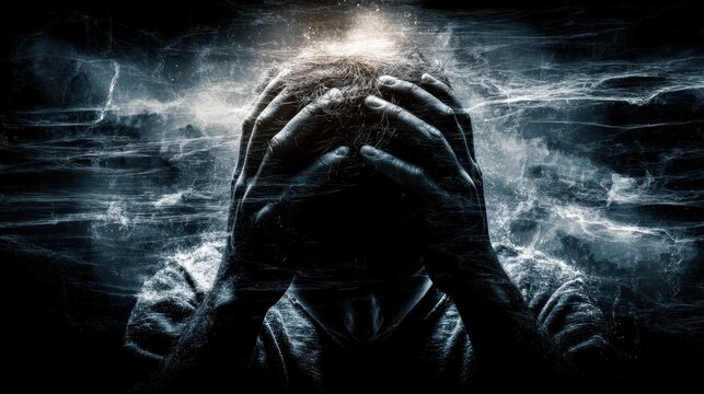Inner Turmoil: A man, etched with deep distress, his hands clasped to his head, embodies the harrowing experience of stress, anxiety, and mental strain. 