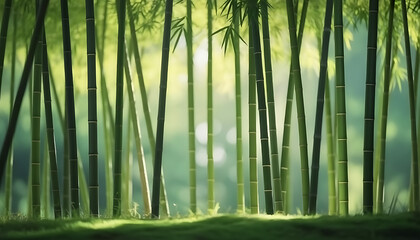 Sunlight filters through a dense grove of towering bamboo stalks.
