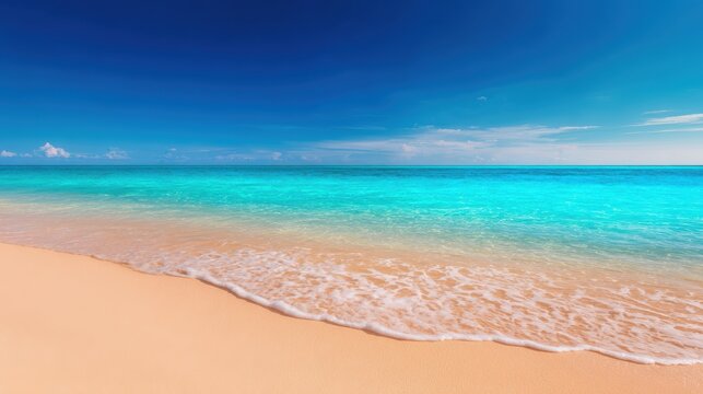 Serene tropical beach with clear turquoise waters and gentle waves under a bright blue sky - Powered by Adobe