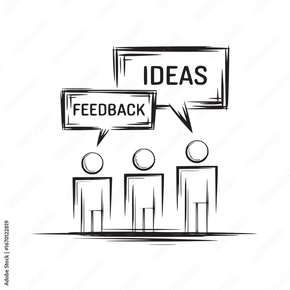 Poster three stick figures with speech bubbles showing ideas and feedback in black and white design style