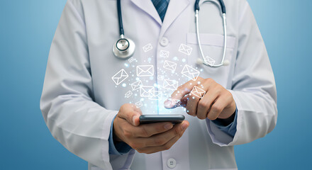 Doctor using smartphone with email icons medical healthcare