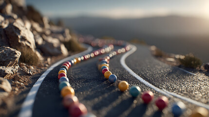 A row of colorful pins placed along a road representng strategic planning and ilestones in project develpment journey