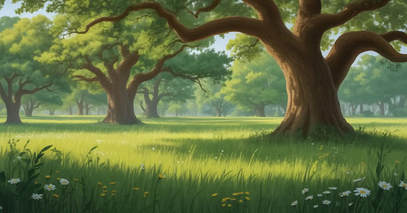 Fototapeta premium A lush, green field with large oak trees on a sunny day. 