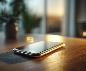 smartphone lying on a wooden table, glowing notification icon of a message above the screen