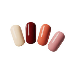 Four oval shaped capsules filled with colorful supplements displayed artistically against a dark void for health and wellness concepts isolated on transparent background