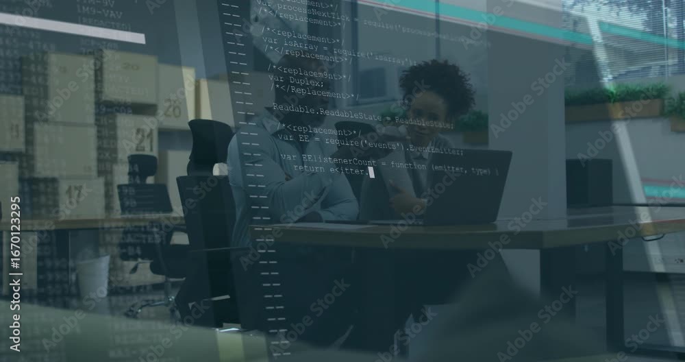 Poster coworkers pointing at laptop on desk and initiating code overlay for technology debugging session
