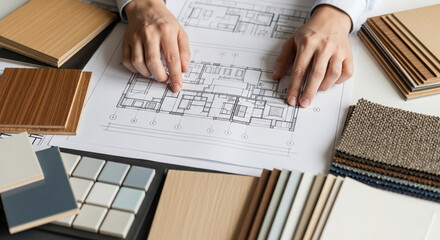 Hands reviewing house blueprint with wood, tile, and fabric samples, showcasing interior design planning, material selection, and home renovation concept
