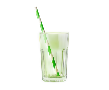 Refreshing green drink with striped straw in glass isolated on transparent background
