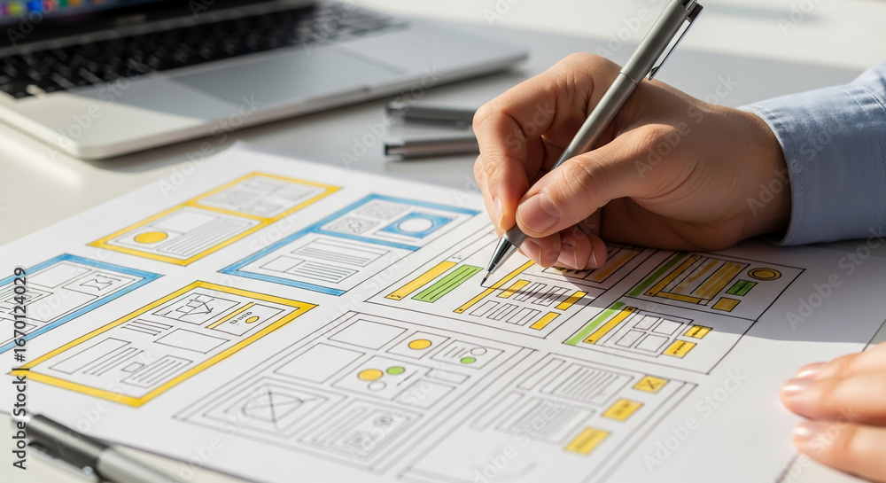 Poster hand sketching website layout on paper, showcasing web design process, creativity, and planning, rep