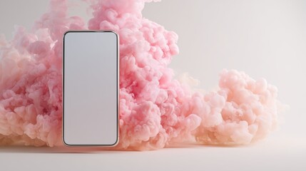 Smartphone with Pink-Cream Smoke Cloud – Minimal Mockup on White Background with Copy Space
