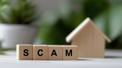 Minimalistic financial fraud awareness concept with word SCAM spelled on wooden blocks beside small house model on white table background representing property risk and financial security