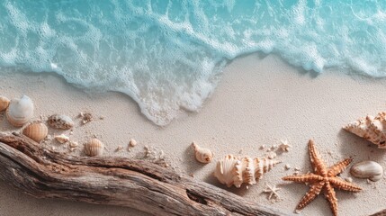 Seashore treasure: An aerial view of a beautiful beach with a collection of seashells and starfish, washed up on the shore, where the waves gently roll in. A peaceful, natural scene with earthy tones.