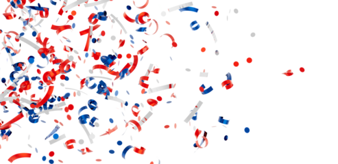 Festive confetti background with red, white, and blue ribbons and dots, perfect for celebrations.