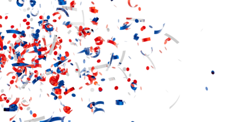 Festive confetti explosion of red, white, and blue ribbons and dots. Perfect for patriotic holidays or celebrations.