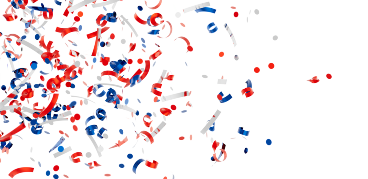 Festive confetti background with red, white, and blue ribbons and dots, perfect for celebrations.
