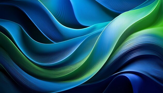 abstract flowing shapes in fluid blue gradient blended with vibrant green lines create a sense of dynamic movement and visual depth